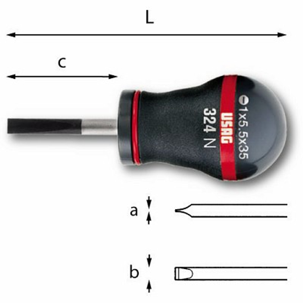 324 N 1,2x6,5x35 Отвертка для шлицевых винтов, длина 91 мм, USAG (Италия)