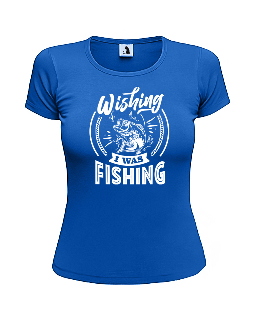 Футболка Wishing I was fishing женская приталенная синяя с белым рисунком