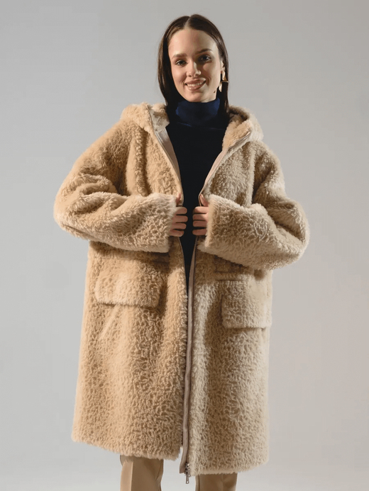 Шуба из 100% шерсти мериноса, бежевая, Severina