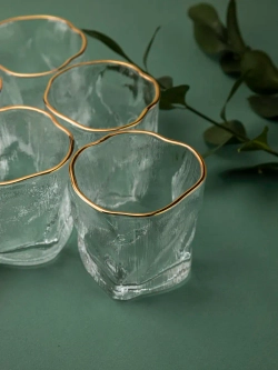 Набор изогнутых бокалов, лед, 250 мл. 6 шт с золотой каймой