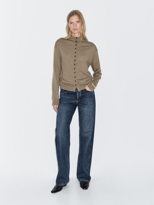 Massimo Dutti Вязаный кардиган с воротником-стойкой, зеленоватый