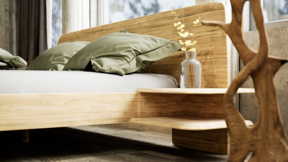 Кровать из массива дуба со встроенными полками Amandi