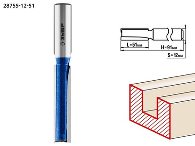 ЗУБР 12 x 51 мм, хвостовик 12 мм, фреза пазовая прямая с нижними подрезателями, Профессионал (28755-12-51)