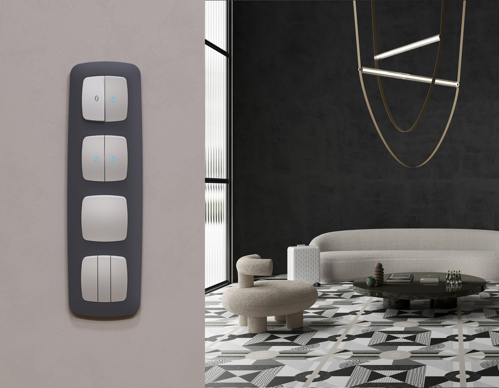 MO404060 Комплект механизма 2-кл выключателя с самовозвратом с подсветкой 10000K OMEGA Серебро глянец QUANT (OP4040, VM129, G17B)