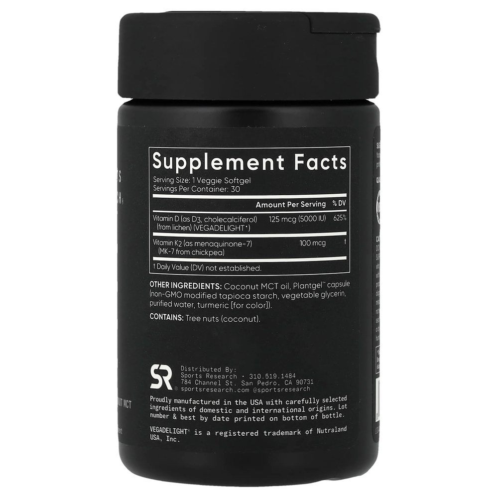 Sports Research, витамины D3 и K2, растительная добавка, 30 растительных капсул