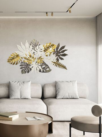 Панно на стену для интерьера декоративное большое металлическое "Листья монстеры" 130*71 см