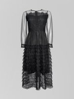 Платье длинное с отделкой кружевом и прозрачными рукавами на молнии сзади