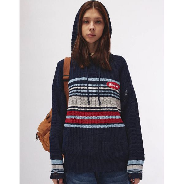 Свитер с капюшоном синий - фото 3