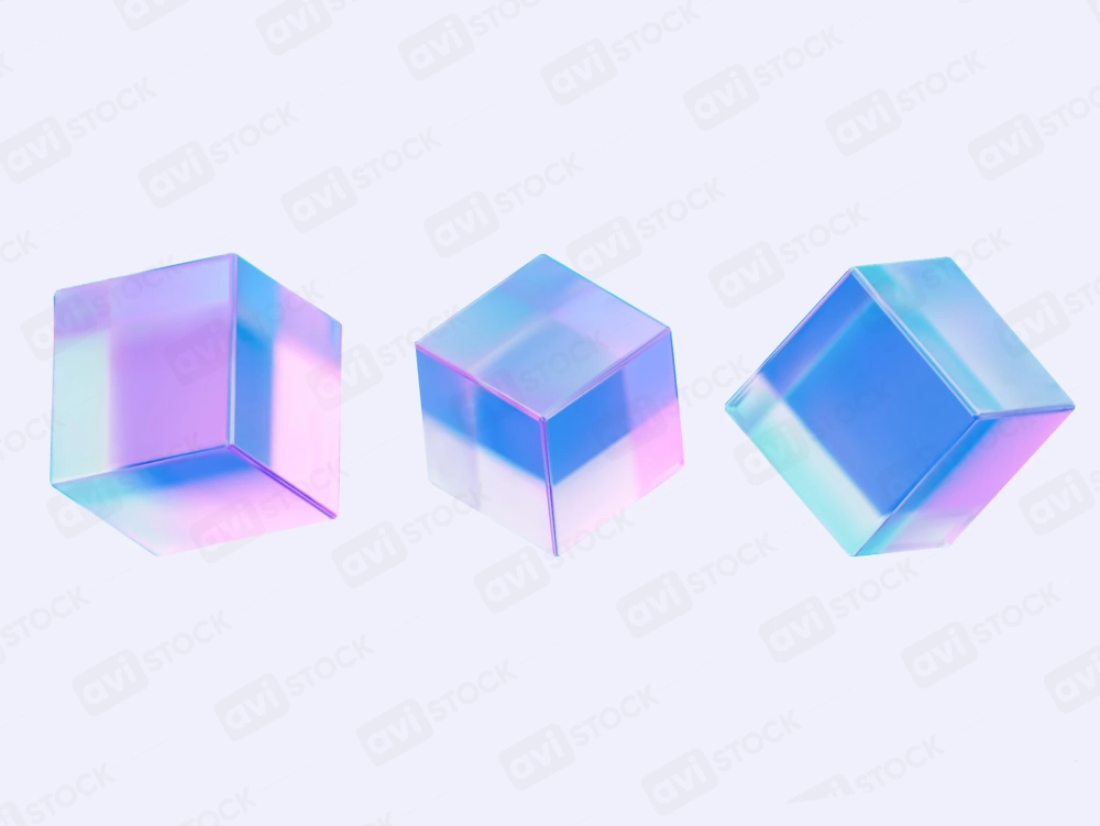 Holographic 3D glass cubes with transparent gradient glow in vector format