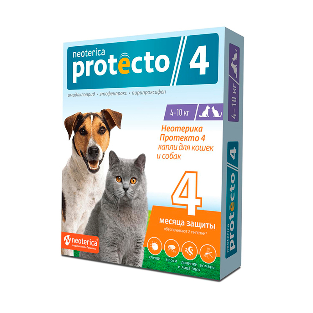 Капли на холку от блох и клещей Neoterica Protecto, 4-10 кг для кошек и собак, 2 п. (Протекто)