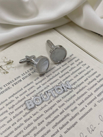 Запонки серебристые круглые с белым перламутром