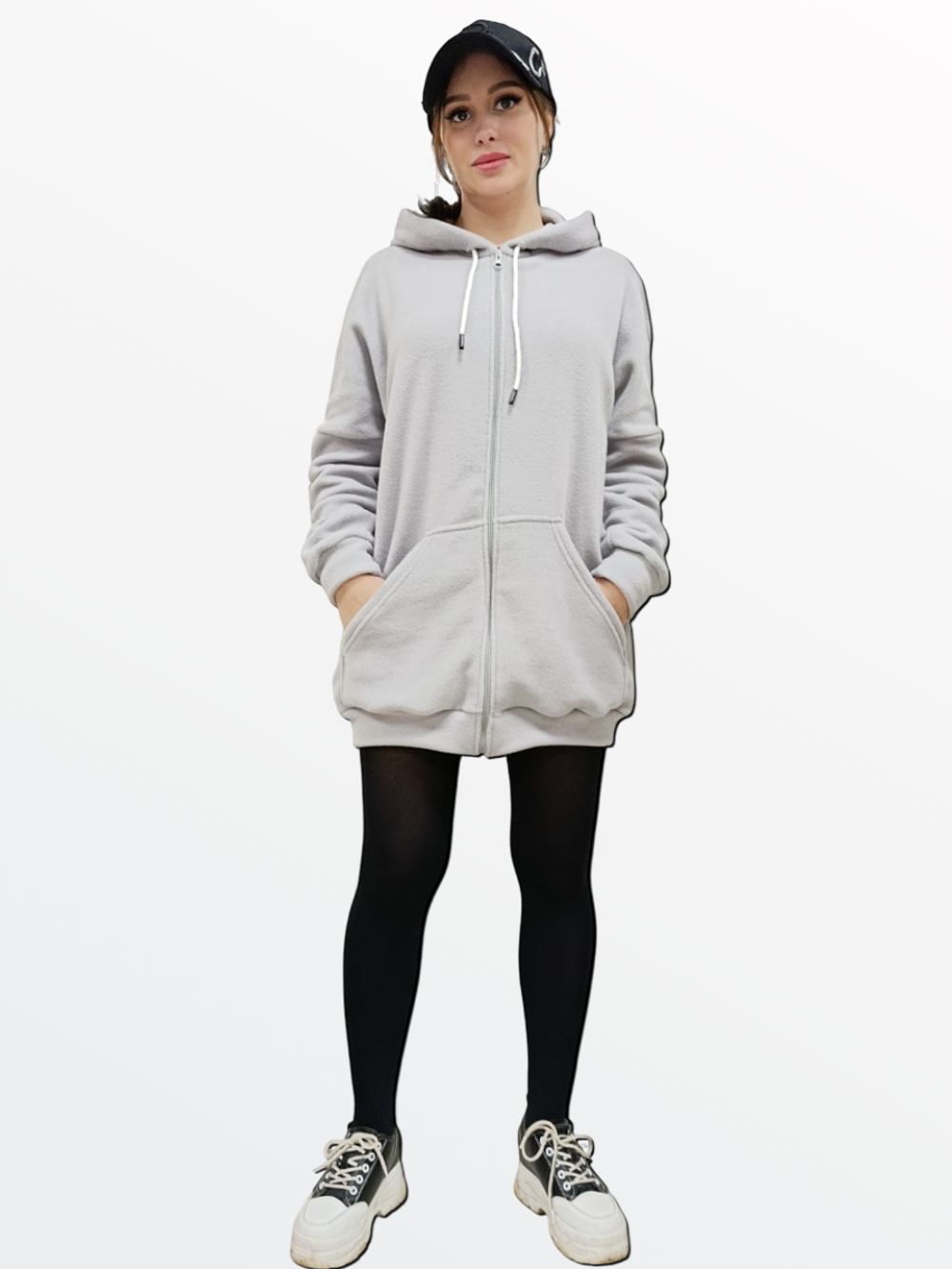 20887 Толстовка флисовая на молнии оверсайз с капюшоном, светло-серая (54)
