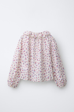 ZARA РУБАШКА С ЦВЕТОЧНЫМ ПРИНТОМ И ВОЛАНАМИ, ЭКРЮ/КРАСНЫЙ