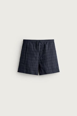 ZARA ШОРТЫ ИЗ ЖАККАРДА В КЛЕТКУ ИЗ ЛЬНА И ХЛОПКА, МОРСКОЙ СИНИЙ