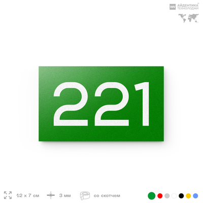 Номер на дверь 221, табличка на дверь для офиса, квартиры, кабинета, аудитории, склада, зеленая 120х70 мм, Айдентика Технолоджи