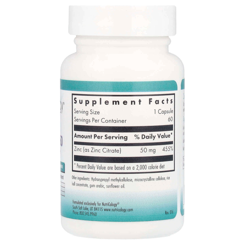 Nutricology, Цитрат цинка 50, 60 вегетарианских капсул