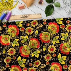 Ткань оксфорд 600 крупная плотная хохлома из цветов на чёрном фоне