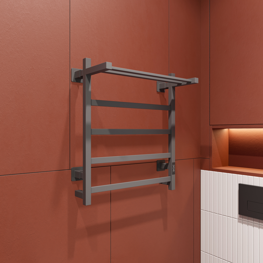 Полотенцесушитель электрический EWRIKA Пенелопа КВ7 60x55 см, подключение справа, слева, скрытое подключение справа, графит, лесенка, из стали, с полкой