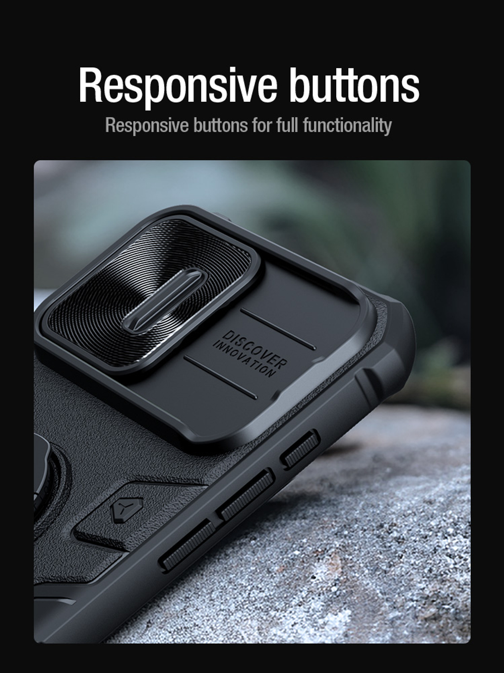 Чехол от Nillkin для смартфона iPhone 15 Pro, CamShield Armor Case, с кольцом и металлической защитной шторкой для камеры