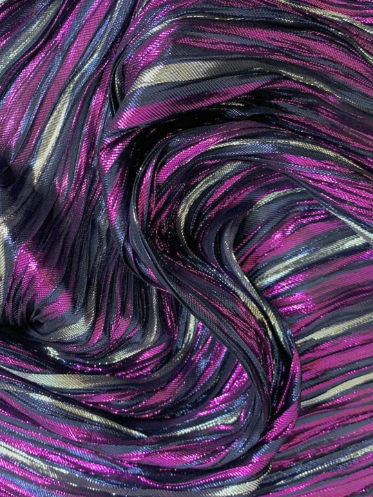 Плательная шелк принт полоска черный/фуксия, люрекс, жатка