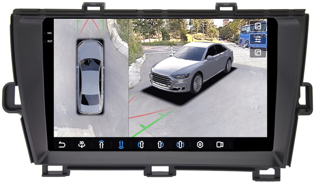 Магнитола для Toyota Prius 30 2009-2015 (левый руль, рамка черная) - FarCar BX3025M-360 монитор 9.5" 2K QLED на Android 13, 6Гб+128Гб, CarPlay, 4G SIM-слот, 4 камеры в комплекте