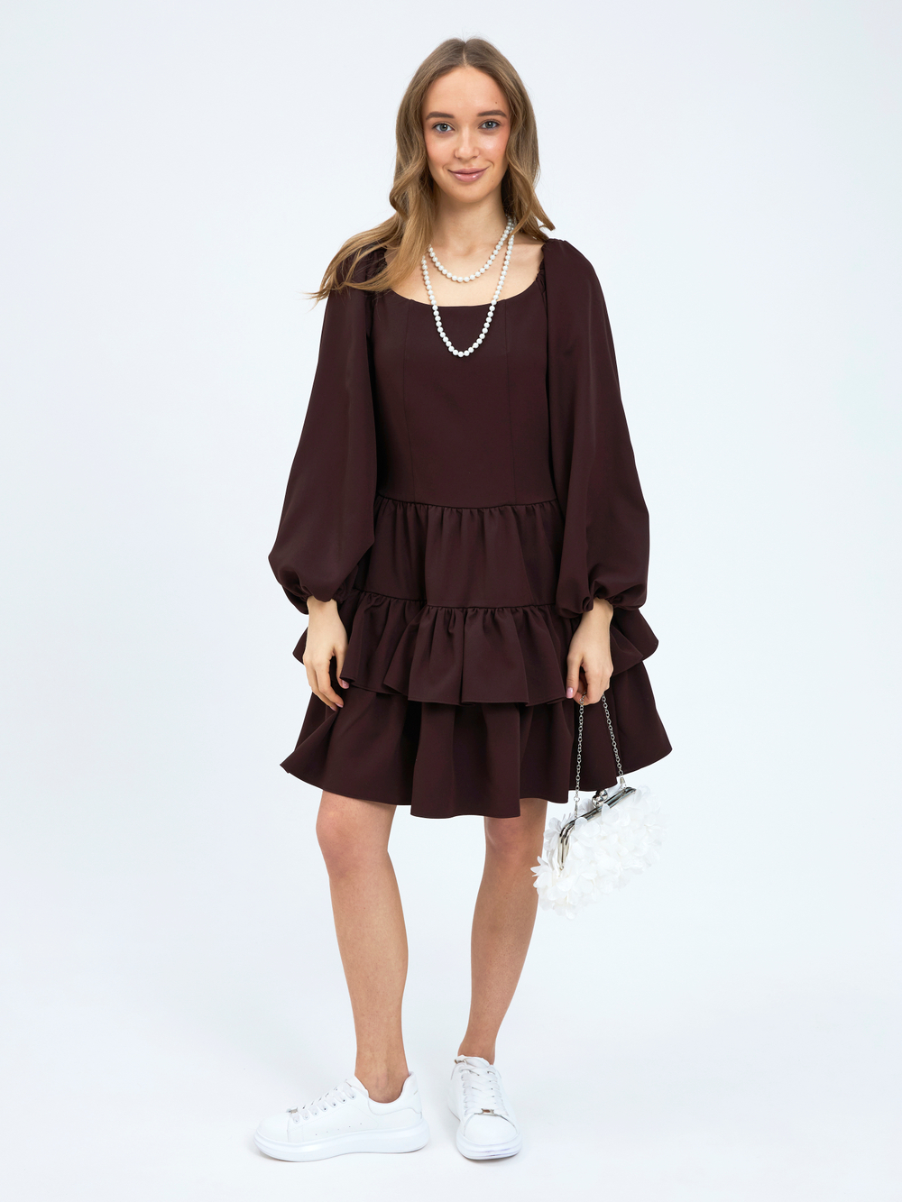 Платье праздничное ярусное с воланами для девочки коричневое