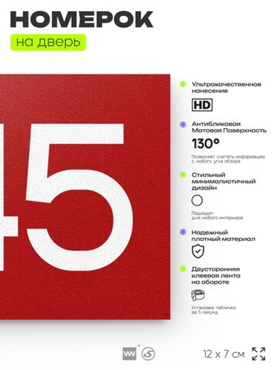 Номер на дверь 445, табличка на дверь для офиса, квартиры, кабинета, аудитории, склада, красная 120х70 мм, Айдентика Технолоджи