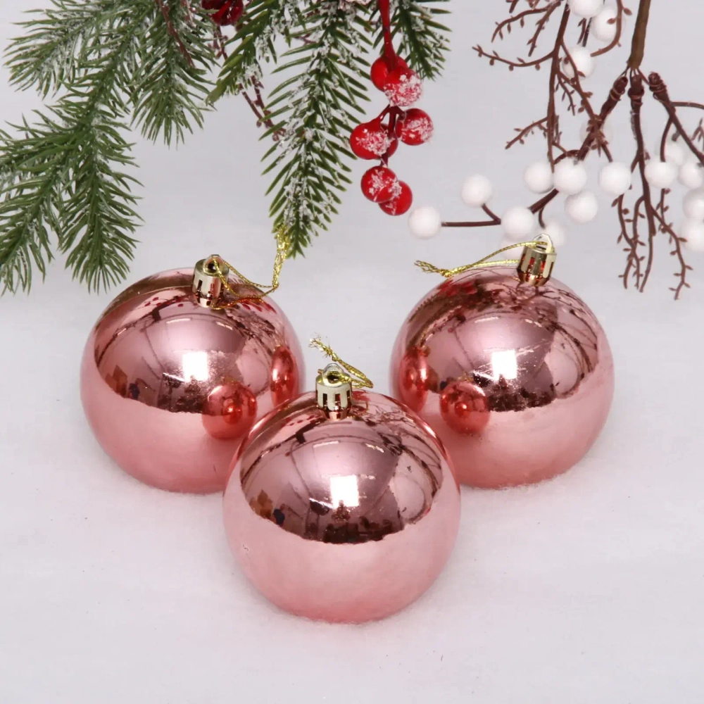 Новогодние шары 8 см (набор 3 шт) «Глянец», розовое золото