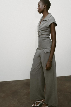 ZARA ТОП ИЗ ПИКЕ С ПУГОВИЦАМИ, АНТРАЦИТОВО-СЕРЫЙ