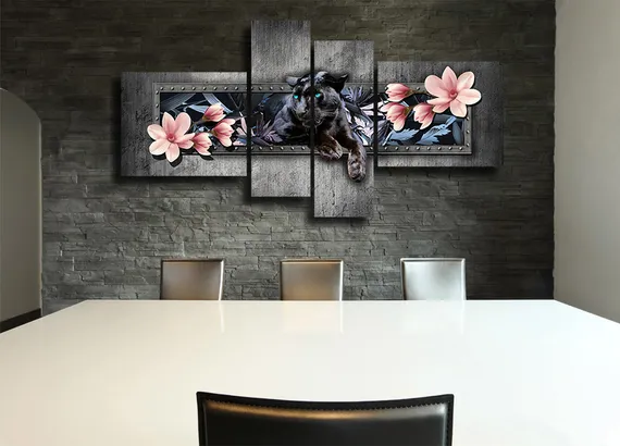 Модульная картина "Пантера и цветы"