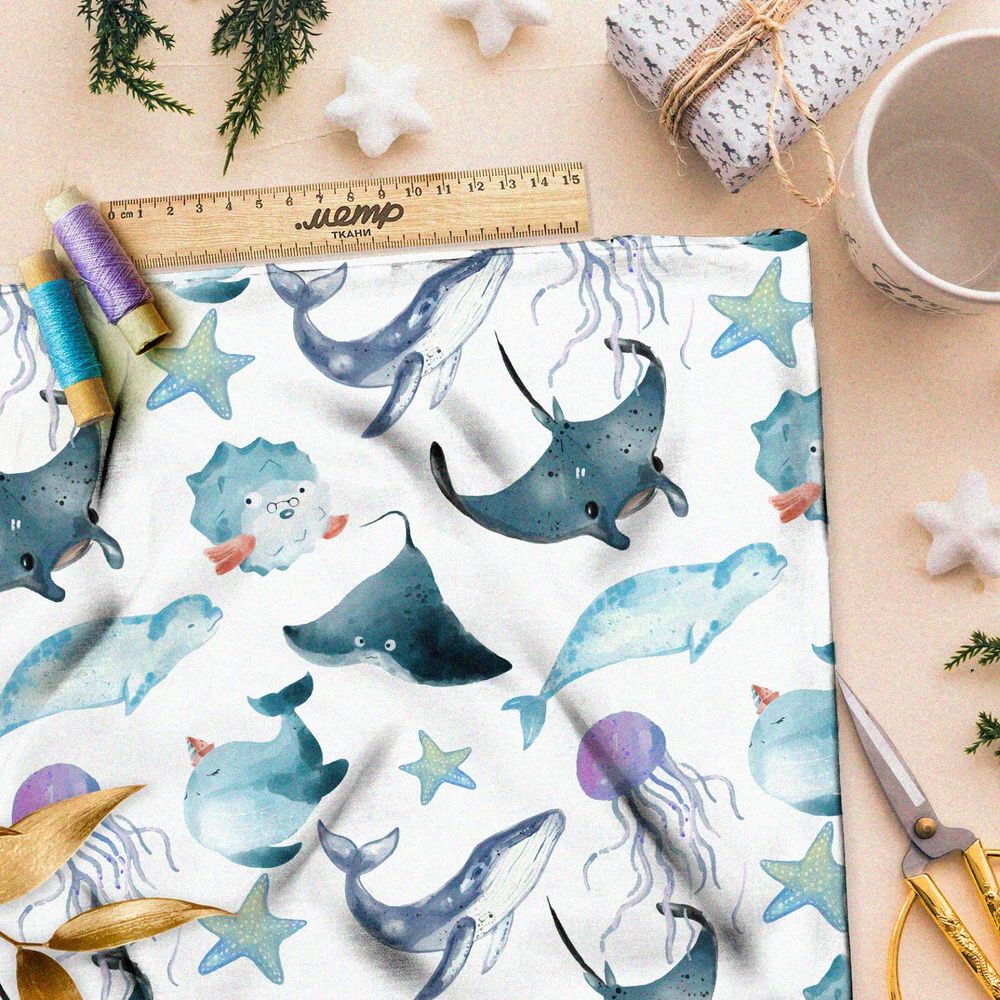 Ткань муслин обитатели океана на белом фоне