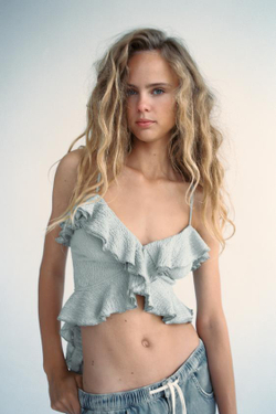 ZARA УКОРОЧЕННЫЙ ТОП ИЗ РЕЛЬЕФНОЙ ТКАНИ С ВОЛАНАМИ, ВОДЯНИСТЫЙ ЗЕЛЕНЫЙ