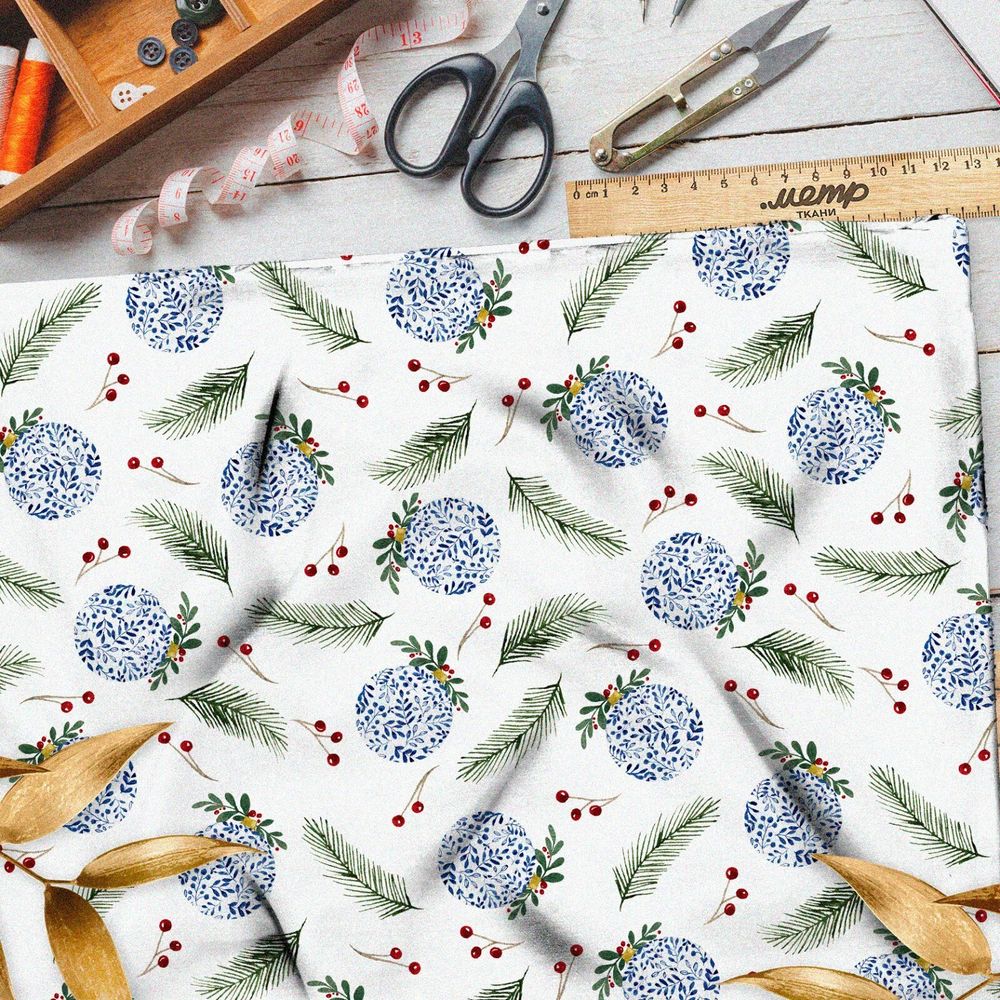 Ткань оксфорд 600 снежные шары с еловыми ветками