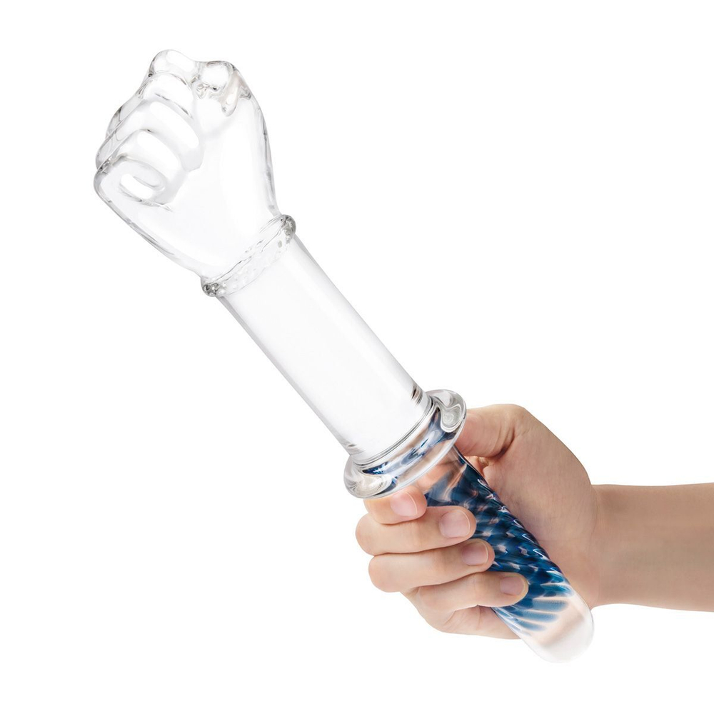 Стеклянный стимулятор в форме сжатой в кулак руки 11’’ Glass Fist Double Ended With Handle Grip - 28 см. (Цвет: синий)