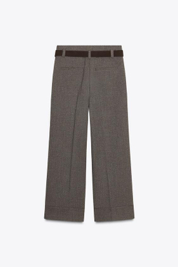 ZARA БРЮКИ В ЕЛОЧКУ С РЕМНЕМ, КОРИЧНЕВЫЙ