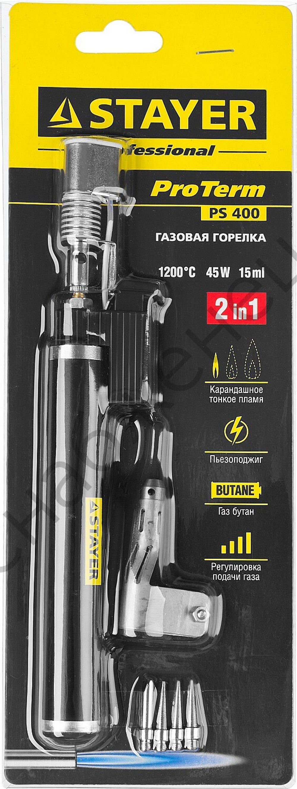 STAYER PS400 45 Вт 1200°С в наборе: 5в1, пьезоподжиг, горелка, фен, 4 жала, Газовый паяльник (55505-H6)