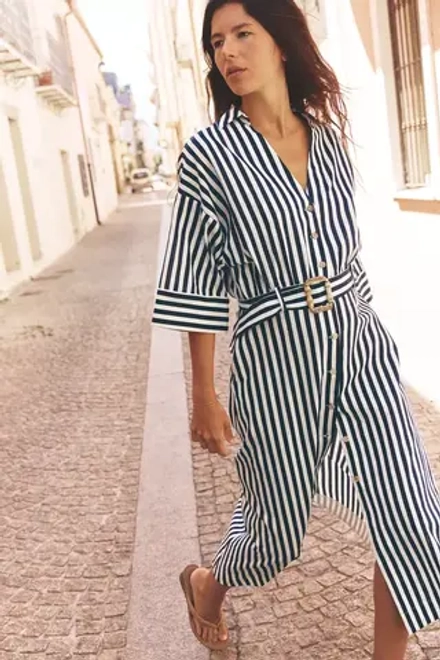 ZARA ПЛАТЬЕ-МИДИ ИЗ СМЕСОВОГО ЛЬНА В ПОЛОСКУ, СИНИЙ/БЕЛЫЙ