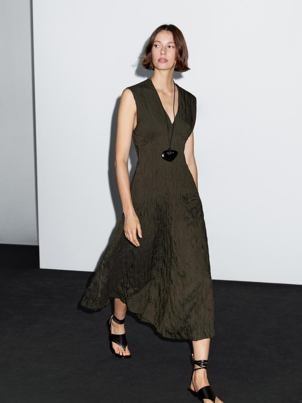 Massimo Dutti Длинное плиссированное платье, зеленый