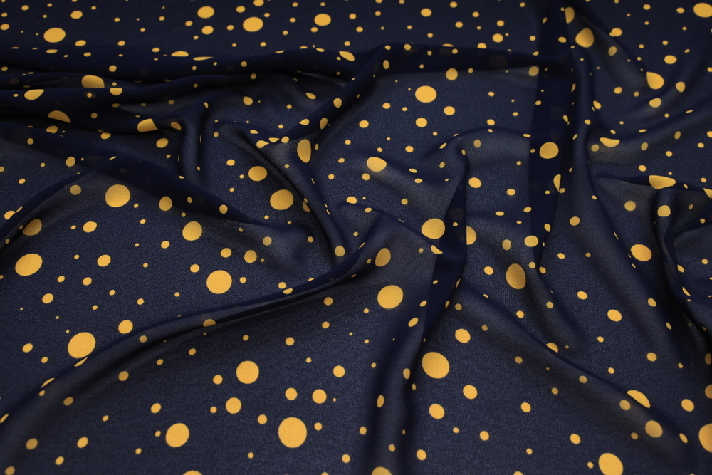 Креп-жоржет темно-синий в желтый горох