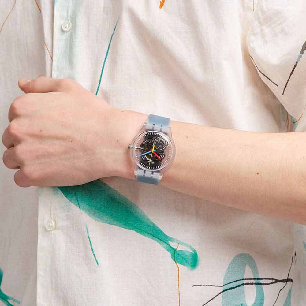 SWATCH Quartz Movement Unisex Watch 41mm Skeleton Dial Plastic Watch Case Silicone Strap