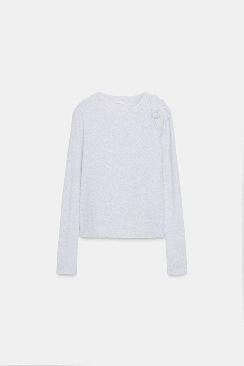 ZARA ФУТБОЛКА С ЦВЕТАМИ СПЕРЕДИ, СЕРЫЙ МЕЛАНЖ