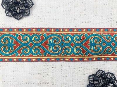 Тесьма жаккард, ш. 5 см, красный с бирюзой