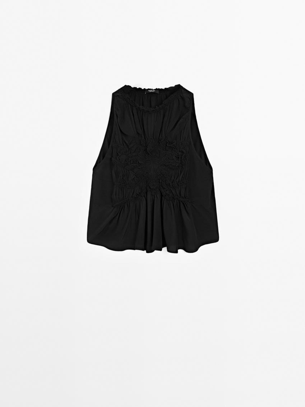 Massimo Dutti Топ из струящейся ткани с горловиной халтер и сборкой, черный