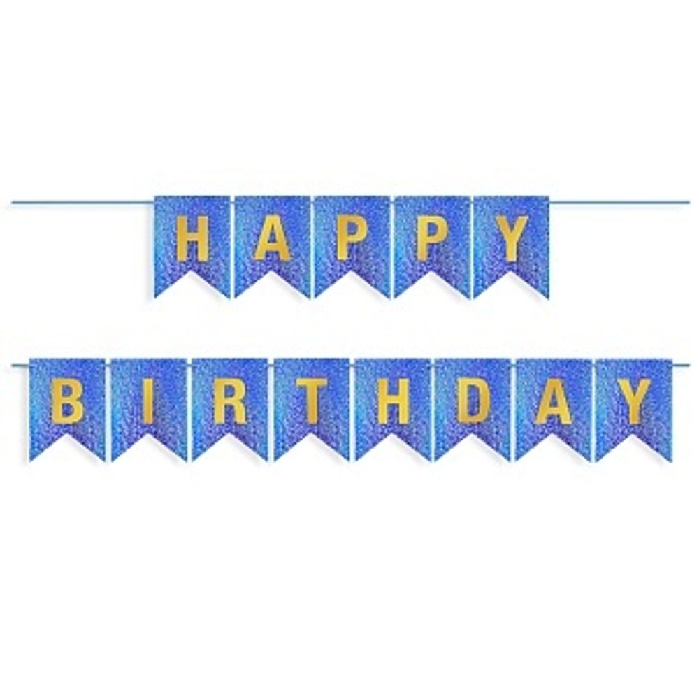 Гирлянда Флажки, Happy Birthday, Королевский синий/Золото, Голография, 350 см, 17*12 см.