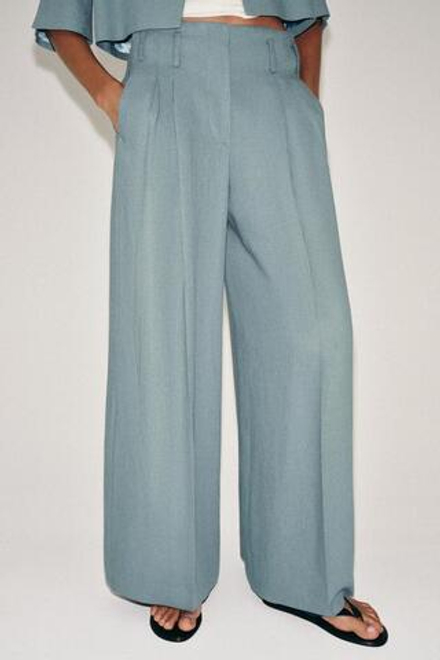 ZARA БРЮКИ С ЗАЩИПАМИ И ЛЬНОМ — ZW COLLECTION, СЕРО-СИНИЙ