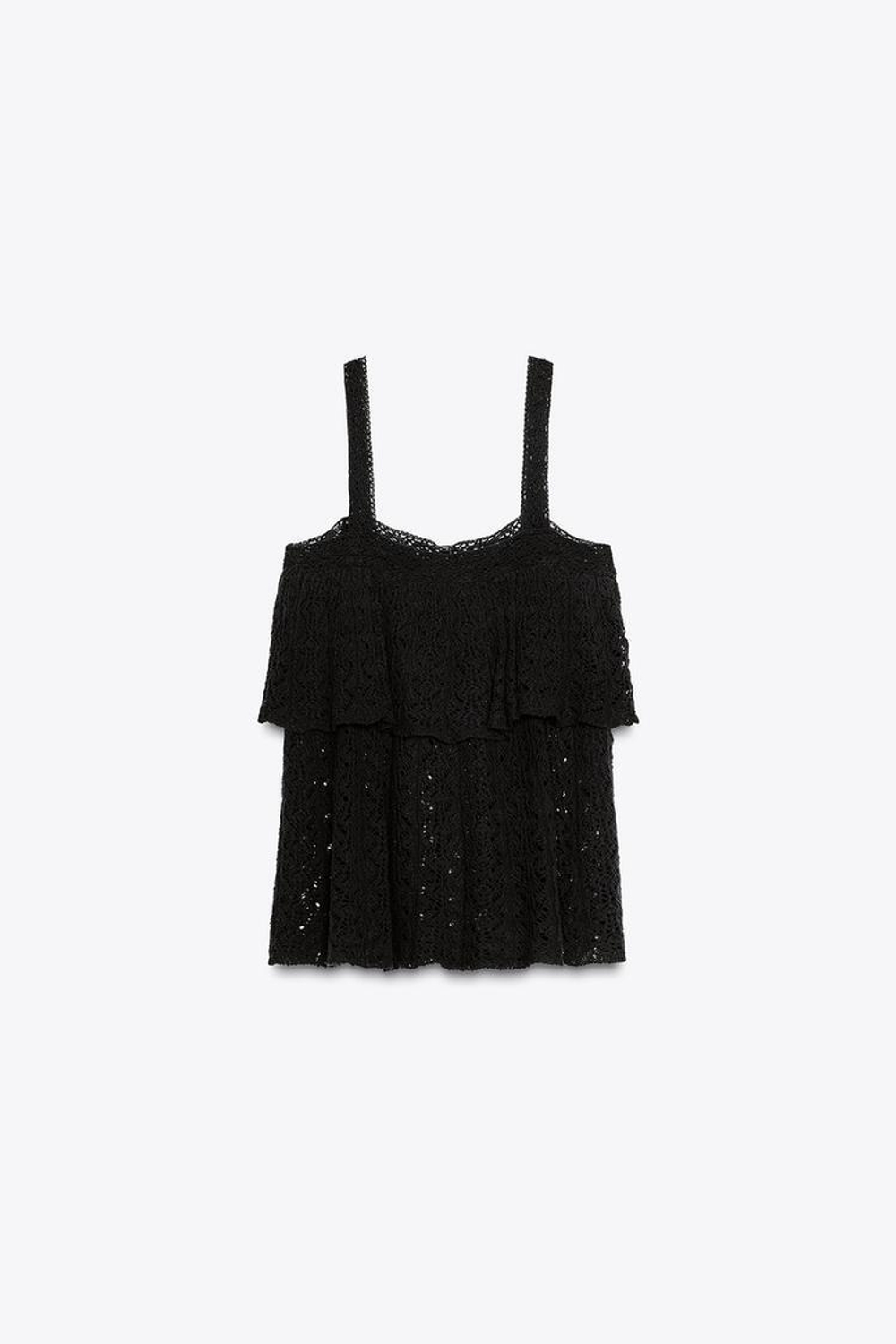 ZARA ТОП ИЗ АЖУРНОГО ТРИКОТАЖА С ВОЛАНОМ, ЧЕРНЫЙ