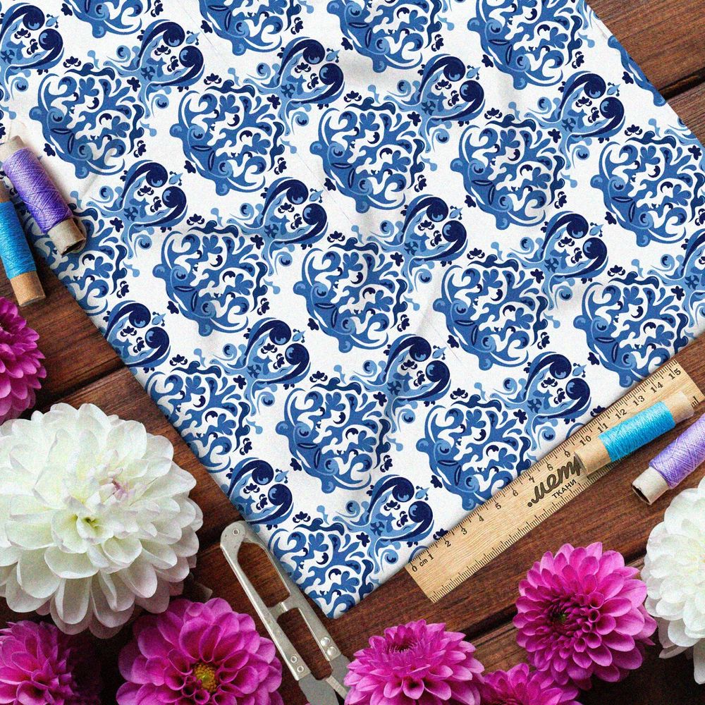 Ткань оксфорд 600 отзеркаленные элементы гжели на белом фоне