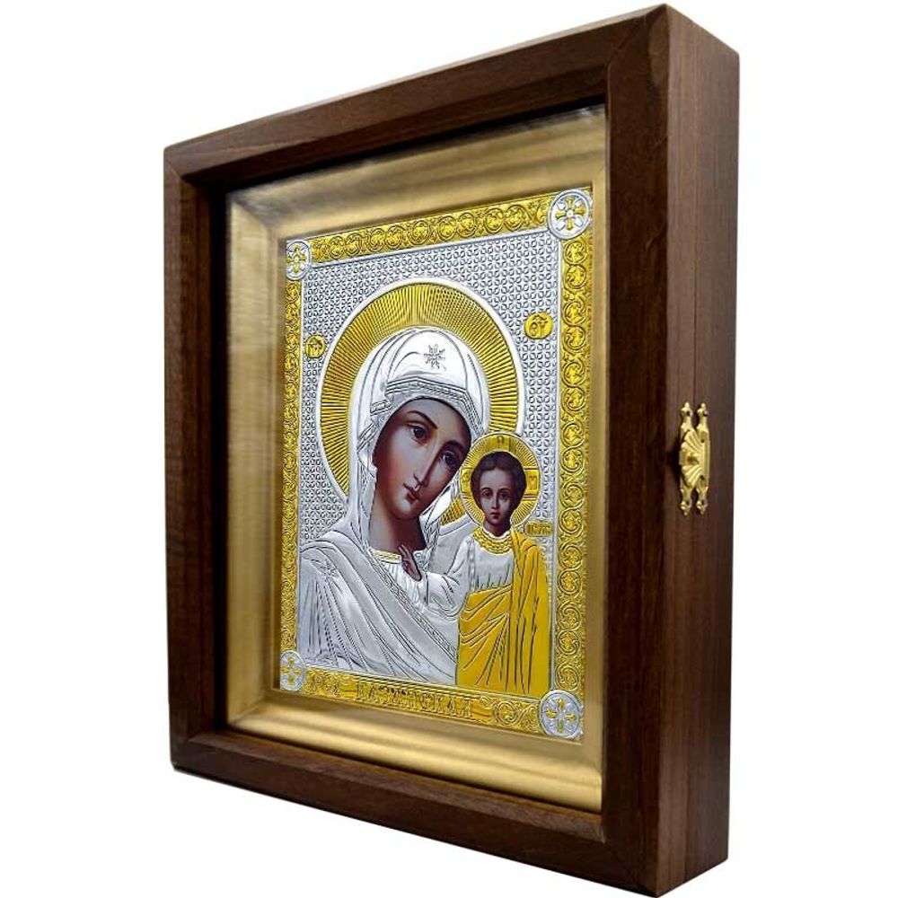 Казанская икона Божьей Матери в серебряном окладе в киоте