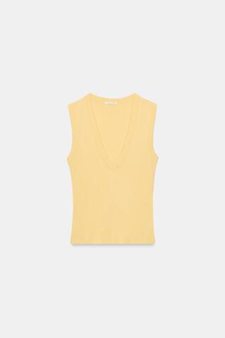 ZARA ХЛОПКОВАЯ ФУТБОЛКА С V-ОБРАЗНЫМ ВЫРЕЗОМ, ЖЕЛТЫЙ