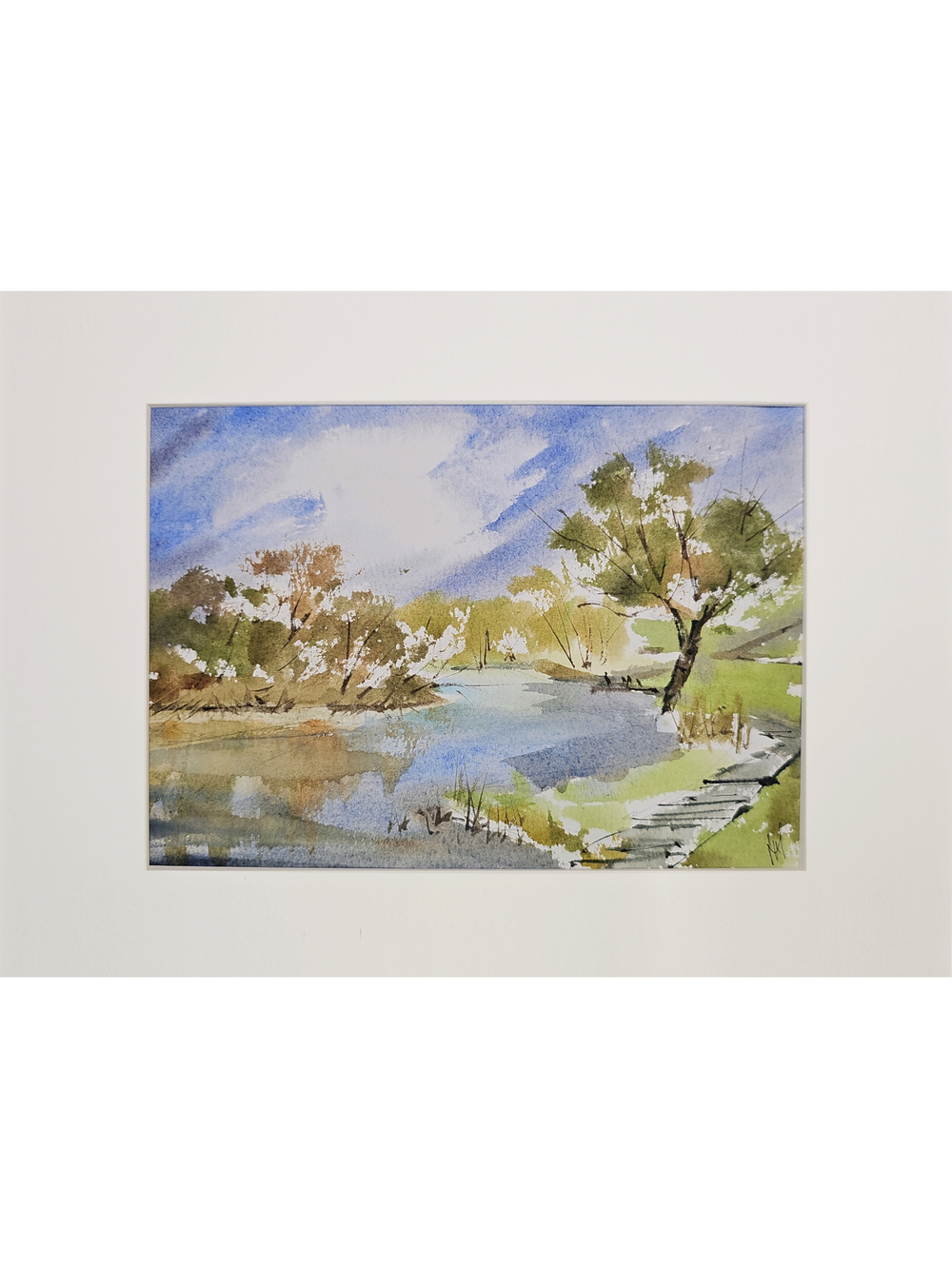 Картина авторская акварельная в паспарту 21х30 см на стену для интерьера "Разлив Осетра"